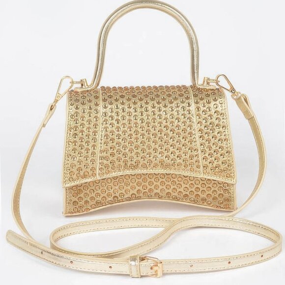 Metallic Rhinestone Hotfix Top Handle Flap Bag - Picture 5 of 9